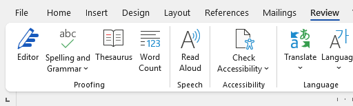 Spelling and Grammar and Editor tools on ribbon in Word